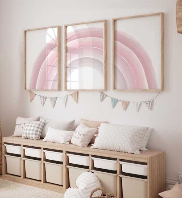 Girls Room Prints, Neutral Rainbow Set Of 3, Pink Nursery Baby Girl, Playroom Bedroom, Wall Art, Kids - image 1