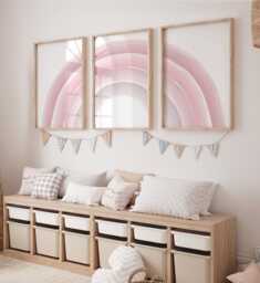 Girls Room Prints, Neutral Rainbow Set Of 3, Pink Nursery Baby Girl, Playroom Bedroom, Wall Art, Kids - thumbnail 1
