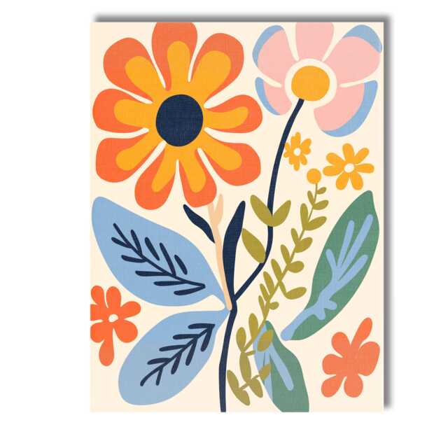 Mid Century Floral Stem With Orange Daisy & Pastel Leaves Canvas Wall Art Print Decor Picture Ready To Hang - image 1