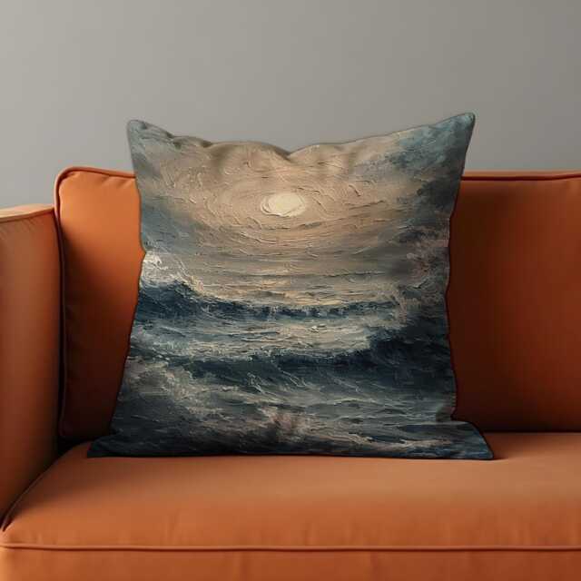 stormy Sea At Night Cushion Cover, Moody Ocean Waves Throw Pillow Moonlit Water Painting Nautical Coastal Decor, 18x18 & Custom Size - image 1