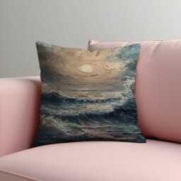 stormy Sea At Night Cushion Cover, Moody Ocean Waves Throw Pillow Moonlit Water Painting Nautical Coastal Decor, 18x18 & Custom Size - thumbnail 3