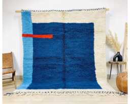 Blue White Abstract Moroccan Rug, Orange Stripe Shag Berber Carpet, Modern Boho Decor, Hand Tufted Wool Area Rug