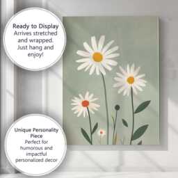 Sage Green Daisy Flower Minimalist Botanical Artwork Canvas Wall Art Print Decor Picture Ready To Hang - thumbnail 3