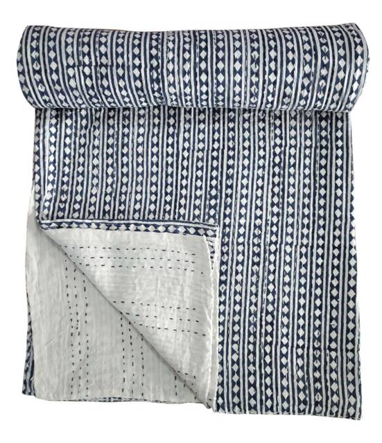 Diamond Hand Block Printed Kantha Quilt Handmade Cotton Bedspread - image 1