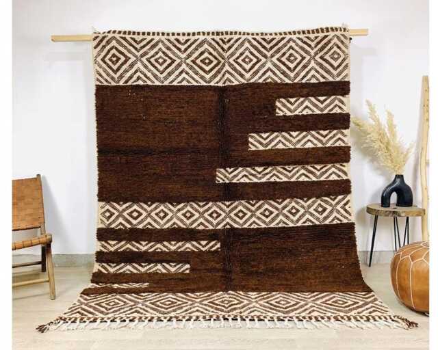 Brown & Cream Mixed Texture Moroccan Rug, Diamond Kilim & Shag Berber Carpet, Large Handmade Wool Modern Tribal Decor - image 1