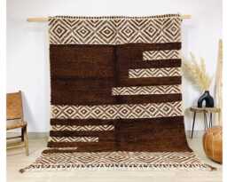 Brown & Cream Mixed Texture Moroccan Rug, Diamond Kilim & Shag Berber Carpet, Large Handmade Wool Modern Tribal Decor