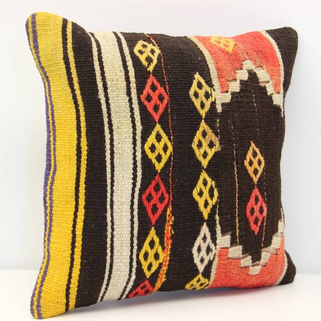 Vintage Kilim Pillow Cover, 16x16 Boho Cushion, Turkish Wool - image 1