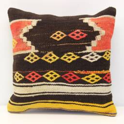Vintage Kilim Pillow Cover, 16x16 Boho Cushion, Turkish Wool - thumbnail 2