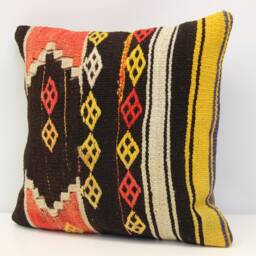 Vintage Kilim Pillow Cover, 16x16 Boho Cushion, Turkish Wool - thumbnail 3