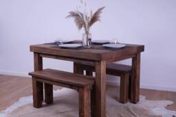 Hand-Crafted Oak Dining Table Set With 2 Benches - Rustic, Character Grade Terra Oil Finish