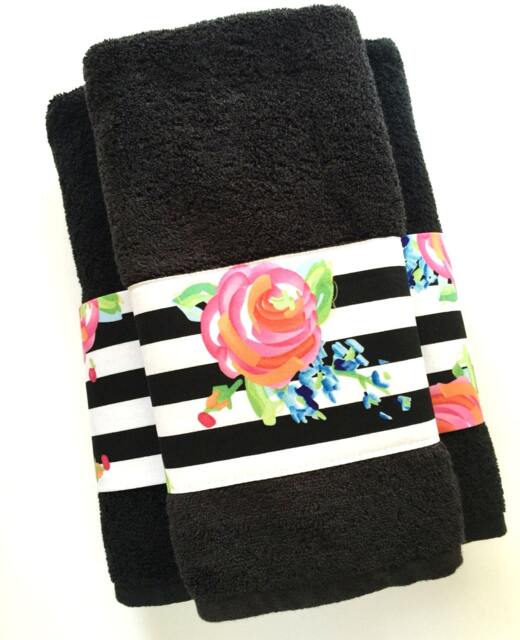 Black Cotton Towel Floral Stripe Trim, Rose With - image 1