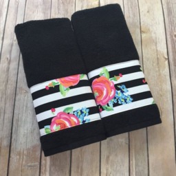 Black Cotton Towel Floral Stripe Trim, Rose With - thumbnail 2