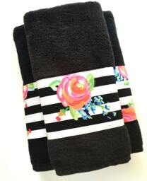 Black Cotton Towel Floral Stripe Trim, Rose With