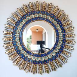 Peruvian Blue Eye Mirror 78 cm Handmade Wall Decor - Carved Wood Round Statement For Living Room Bathroom Entryway
