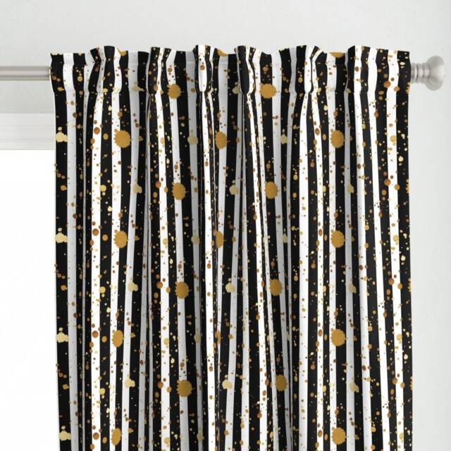Glam Curtain Panel - Black & White Striped Stripes Paint Splatter Custom & Gold Look By Boldiehome - image 1