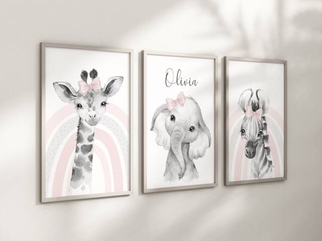 Girls Personalised Rainbow Animal Prints A4 Or A3 Nursery Set Of Unframed Pink Grey Spots Elephant Giraffe Zebra - image 1