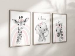 Girls Personalised Rainbow Animal Prints A4 Or A3 Nursery Set Of Unframed Pink Grey Spots Elephant Giraffe Zebra - thumbnail 1