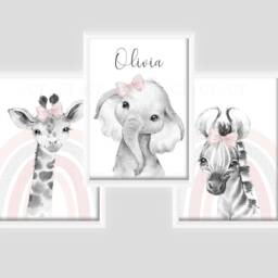 Girls Personalised Rainbow Animal Prints A4 Or A3 Nursery Set Of Unframed Pink Grey Spots Elephant Giraffe Zebra - thumbnail 2
