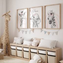 Girls Personalised Rainbow Animal Prints A4 Or A3 Nursery Set Of Unframed Pink Grey Spots Elephant Giraffe Zebra - thumbnail 3