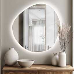 Asymmetrical Led Mirror, Stylish Illuminated Bedroom Mirror With Backlight, Amorphic Lights, Frameless - thumbnail 1