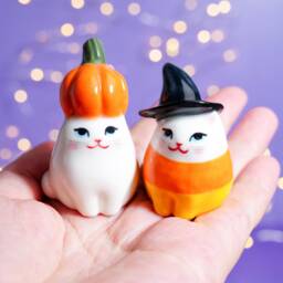 Handmade Ceramic Halloween Cat Figurine Pumpkin & Candy Corn Decor