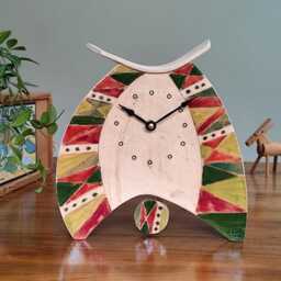 Handmade Pottery Large Mantel Clock Burgundy & Green Triangle Design With Pendulum - thumbnail 1