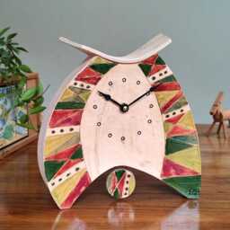 Handmade Pottery Large Mantel Clock Burgundy & Green Triangle Design With Pendulum - thumbnail 3