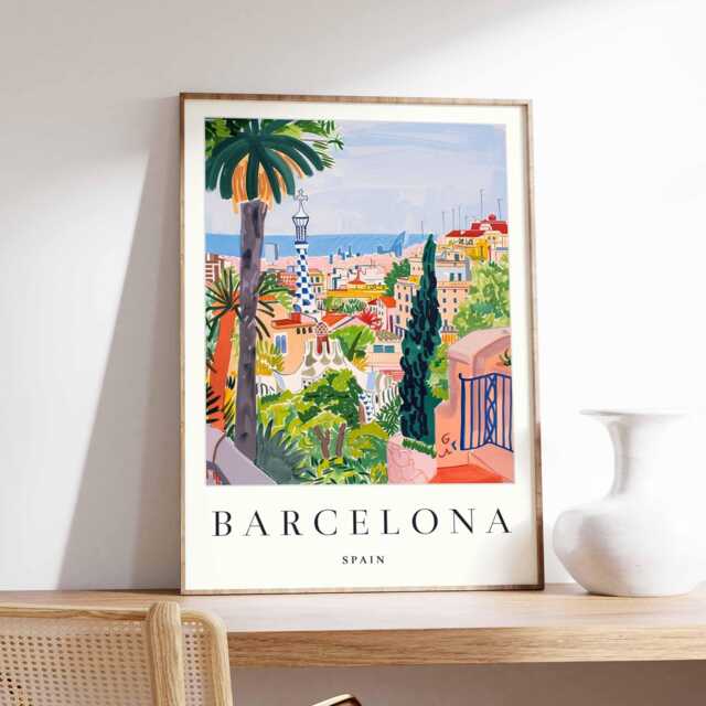 Barcelona Cityscape Poster Spain Travel Art Print - image 1