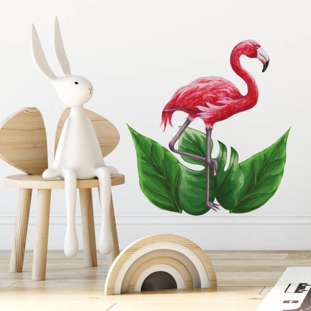Pink Flamingo Wall Decal, Watercolor Jungle Leaves, Removable Fabric - image 1
