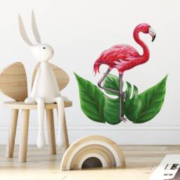 Pink Flamingo Wall Decal, Watercolor Jungle Leaves, Removable Fabric - thumbnail 1