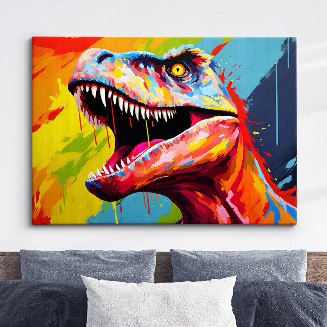 Colorful Tyrannosaurus Rex Dinosaur Oil Painting Paint Splatter Style Wall Art Framed Canvas Poster Print Home Living Room Decor Fun Gift - image 1