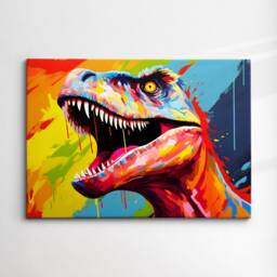 Colorful Tyrannosaurus Rex Dinosaur Oil Painting Paint Splatter Style Wall Art Framed Canvas Poster Print Home Living Room Decor Fun Gift - thumbnail 3