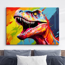 Colorful Tyrannosaurus Rex Dinosaur Oil Painting Paint Splatter Style Wall Art Framed Canvas Poster Print Home Living Room Decor Fun Gift - thumbnail 1