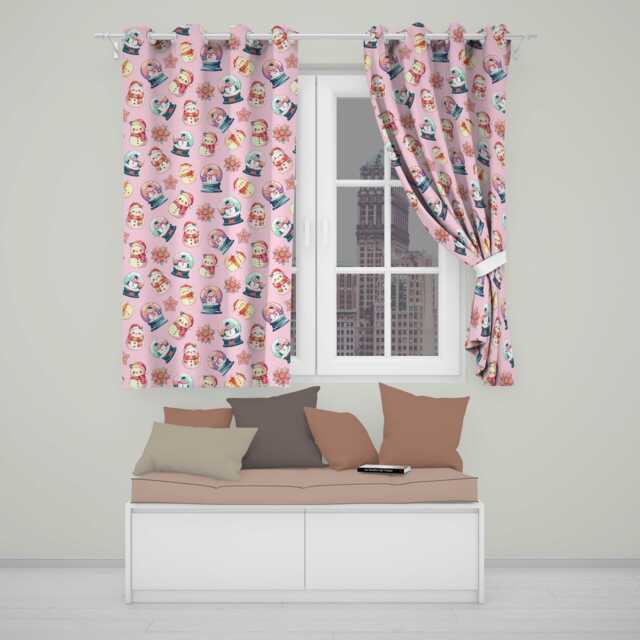 Snowman Snow Globe Poinsettia Christmas On Soft Pink Background Seamless Readymade Eyelet Ring Top Thermal 100% Blackout Curtains - image 1
