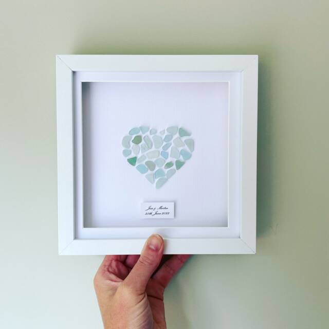 Blue Sea Glass Heart Picture - Framed Wall Art Handmade in Cornwall - image 1