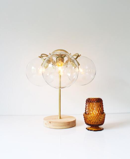 Brass Table Lamp, Mid Century Modern Bubble Desk 3 Clear Glass Globe Shades, Wooden Base, Industrial Home Lighting & Decor - image 1