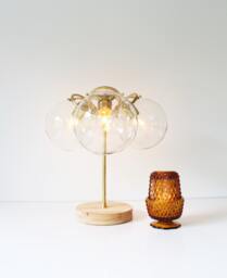 Brass Table Lamp, Mid Century Modern Bubble Desk 3 Clear Glass Globe Shades, Wooden Base, Industrial Home Lighting & Decor