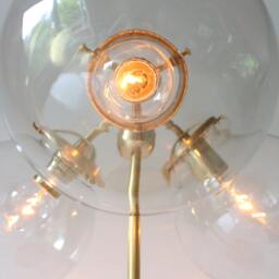 Brass Table Lamp, Mid Century Modern Bubble Desk 3 Clear Glass Globe Shades, Wooden Base, Industrial Home Lighting & Decor - thumbnail 2