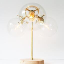 Brass Table Lamp, Mid Century Modern Bubble Desk 3 Clear Glass Globe Shades, Wooden Base, Industrial Home Lighting & Decor - thumbnail 3