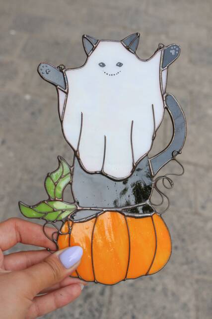 Mystical Ghost Cat On Pumpkin Stained Glass Suncather. Halloween Decor, Funny Wall Sun Catcher - image 1