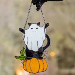 Mystical Ghost Cat On Pumpkin Stained Glass Suncather. Halloween Decor, Funny Wall Sun Catcher - thumbnail 2