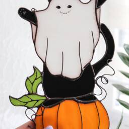 Mystical Ghost Cat On Pumpkin Stained Glass Suncather. Halloween Decor, Funny Wall Sun Catcher - thumbnail 3