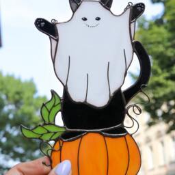 Mystical Ghost Cat On Pumpkin Stained Glass Suncather. Halloween Decor, Funny Wall Sun Catcher - thumbnail 4