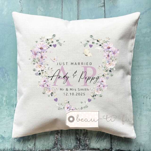 Personalised Wedding Gift Married Mr Mrs Gift Home Lilac Floral Greenery Design Quote Linen Style Cushion Cover Newlywed Marriage
