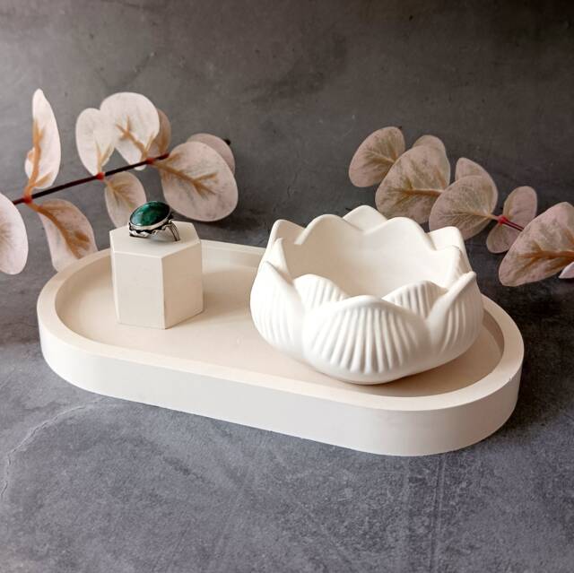 Concrete Tray Gift Set Lotus Candle Holder & Ring - image 1
