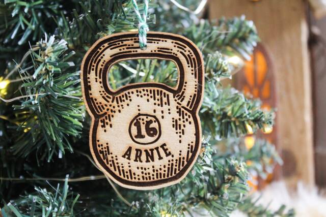 Personalised Kettlebell Christmas Ornament Gym Lover Gift Weight Lifter Custom Bauble Engraved Rustic Wooden Tree Decoration - image 1