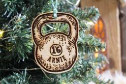 Personalised Kettlebell Christmas Ornament Gym Lover Gift Weight Lifter Custom Bauble Engraved Rustic Wooden Tree Decoration