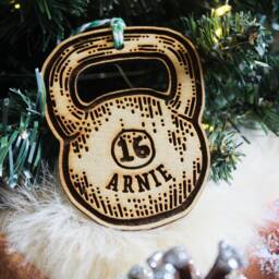 Personalised Kettlebell Christmas Ornament Gym Lover Gift Weight Lifter Custom Bauble Engraved Rustic Wooden Tree Decoration - thumbnail 2