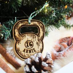 Personalised Kettlebell Christmas Ornament Gym Lover Gift Weight Lifter Custom Bauble Engraved Rustic Wooden Tree Decoration - thumbnail 3