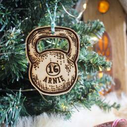 Personalised Kettlebell Christmas Ornament Gym Lover Gift Weight Lifter Custom Bauble Engraved Rustic Wooden Tree Decoration - thumbnail 4